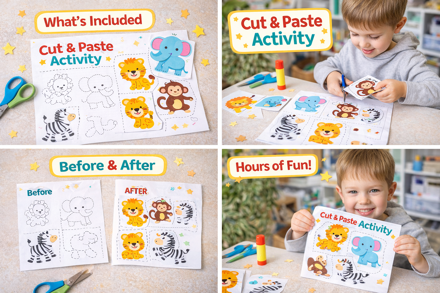 Wild Animals Cut & Paste Activity Book for Kids – Printable PDF Learning Game - Image 3