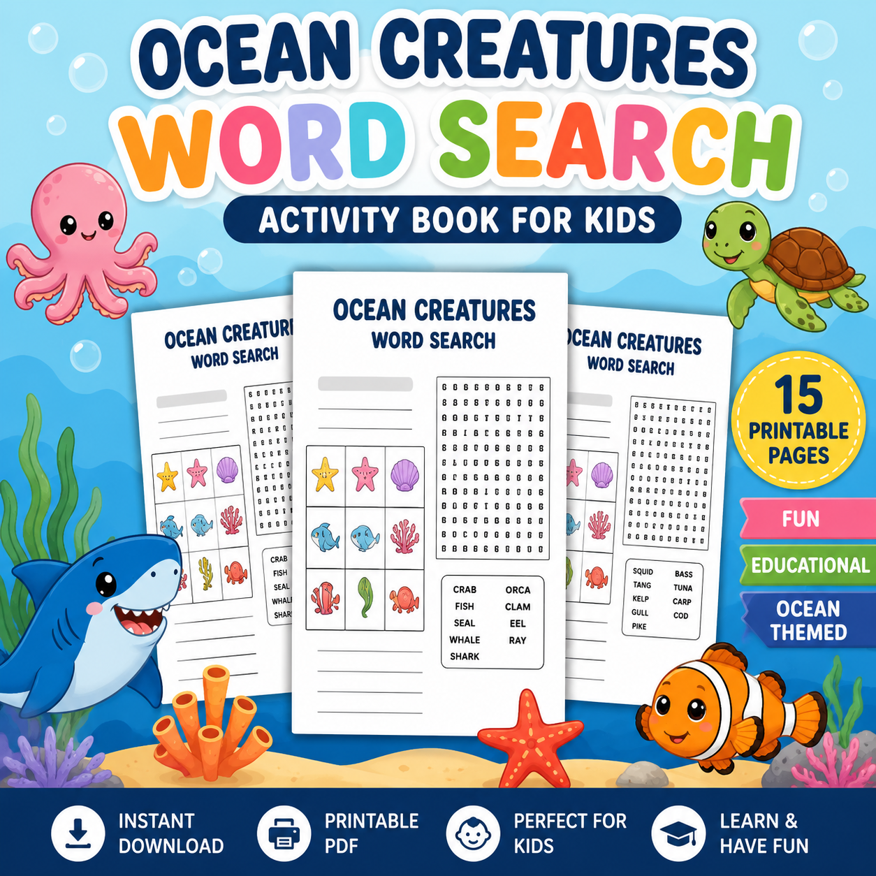 Ocean Creatures Word Search Activity Book for Kids – 15 Printable Puzzle Pages PDF - Image 3