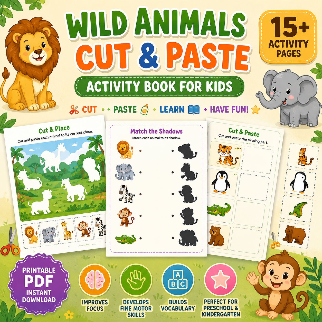 Wild Animals Cut and Paste Activity Book
