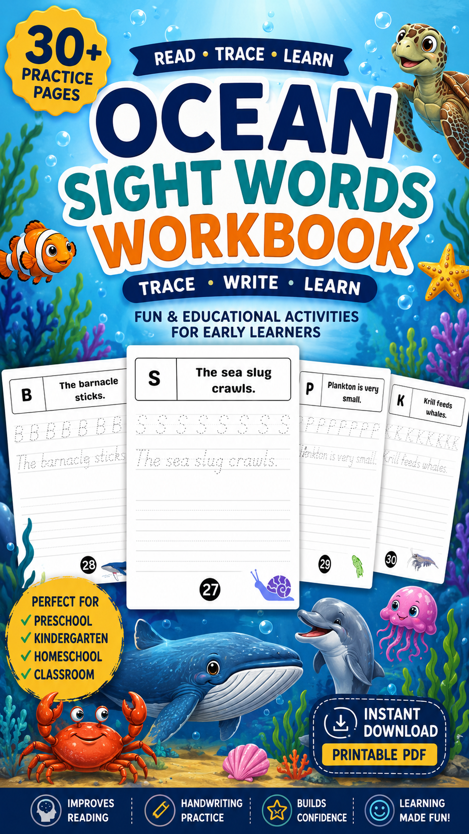 sea creatures sight words workbook for kids