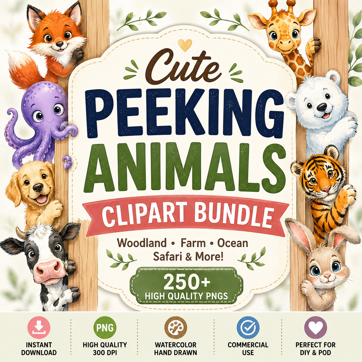 Cute Peeking Animals Clipart Bundle PNG | Watercolor Woodland & Farm Animal Sublimation Design Pack
