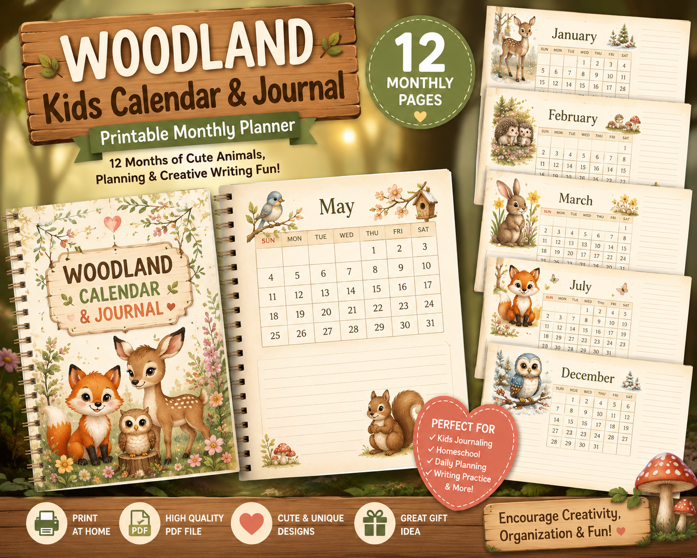 woodland kids calendar printable
