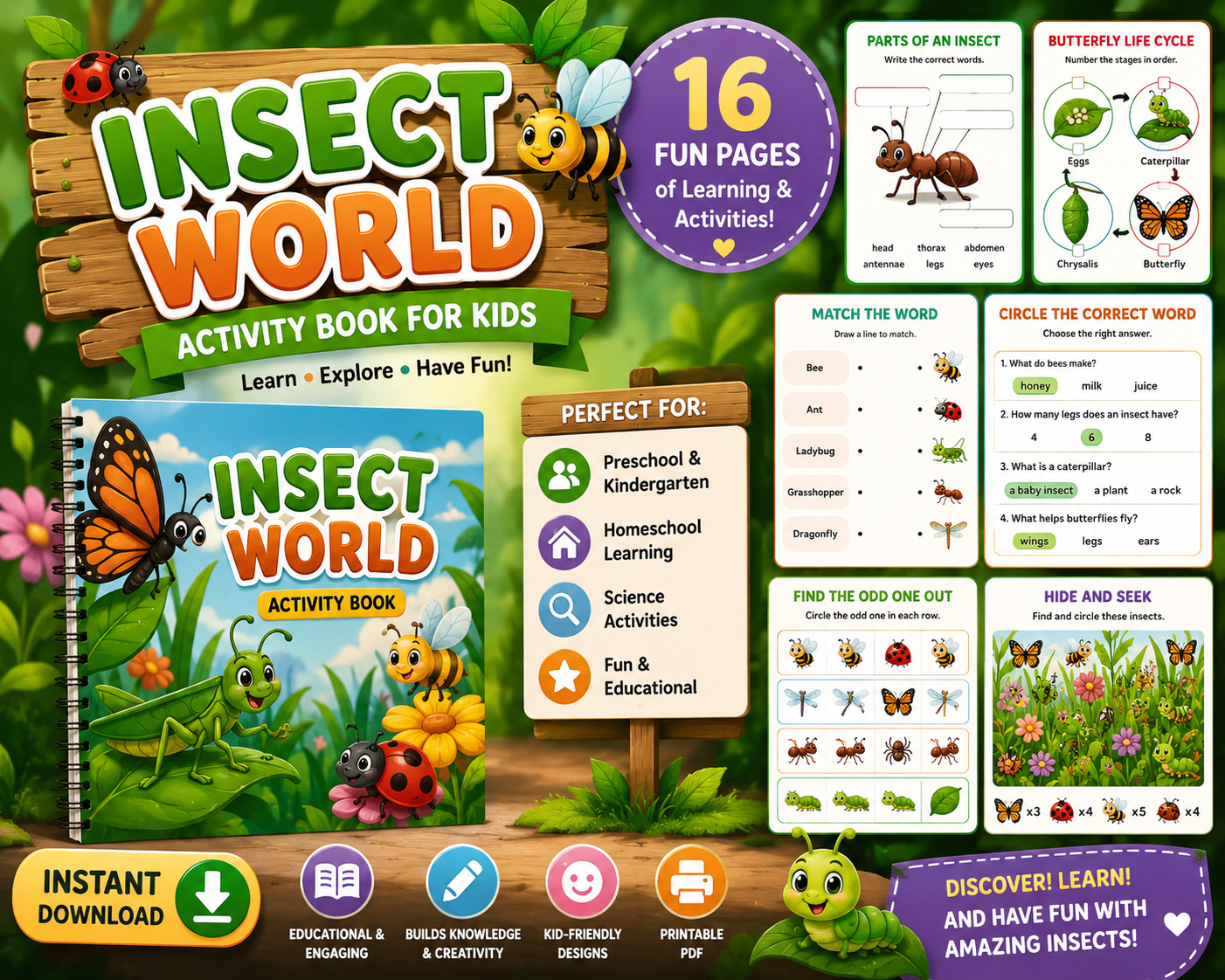 Insect World Activity Book for Kids – Fun Printable Learning Worksheets & Coloring Pages