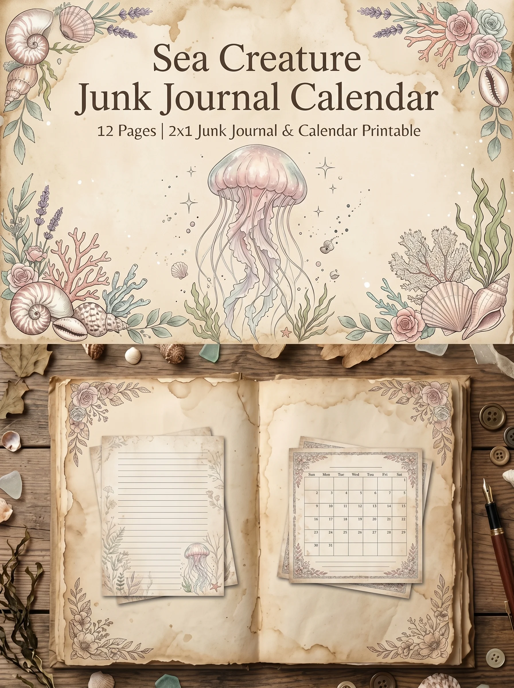 Sea Creature Junk Journal Calendar | Ocean-Themed Printable Planner | Vintage Marine Ephemera Journal Kit - Image 3