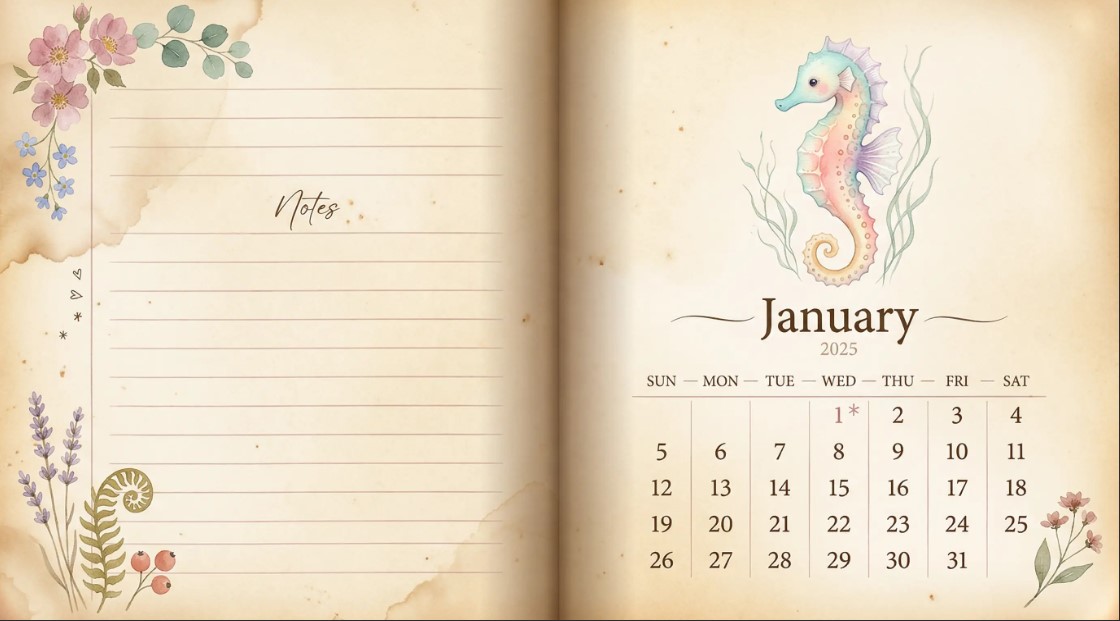 Sea Creature Junk Journal Calendar | Ocean-Themed Printable Planner | Vintage Marine Ephemera Journal Kit - Image 2