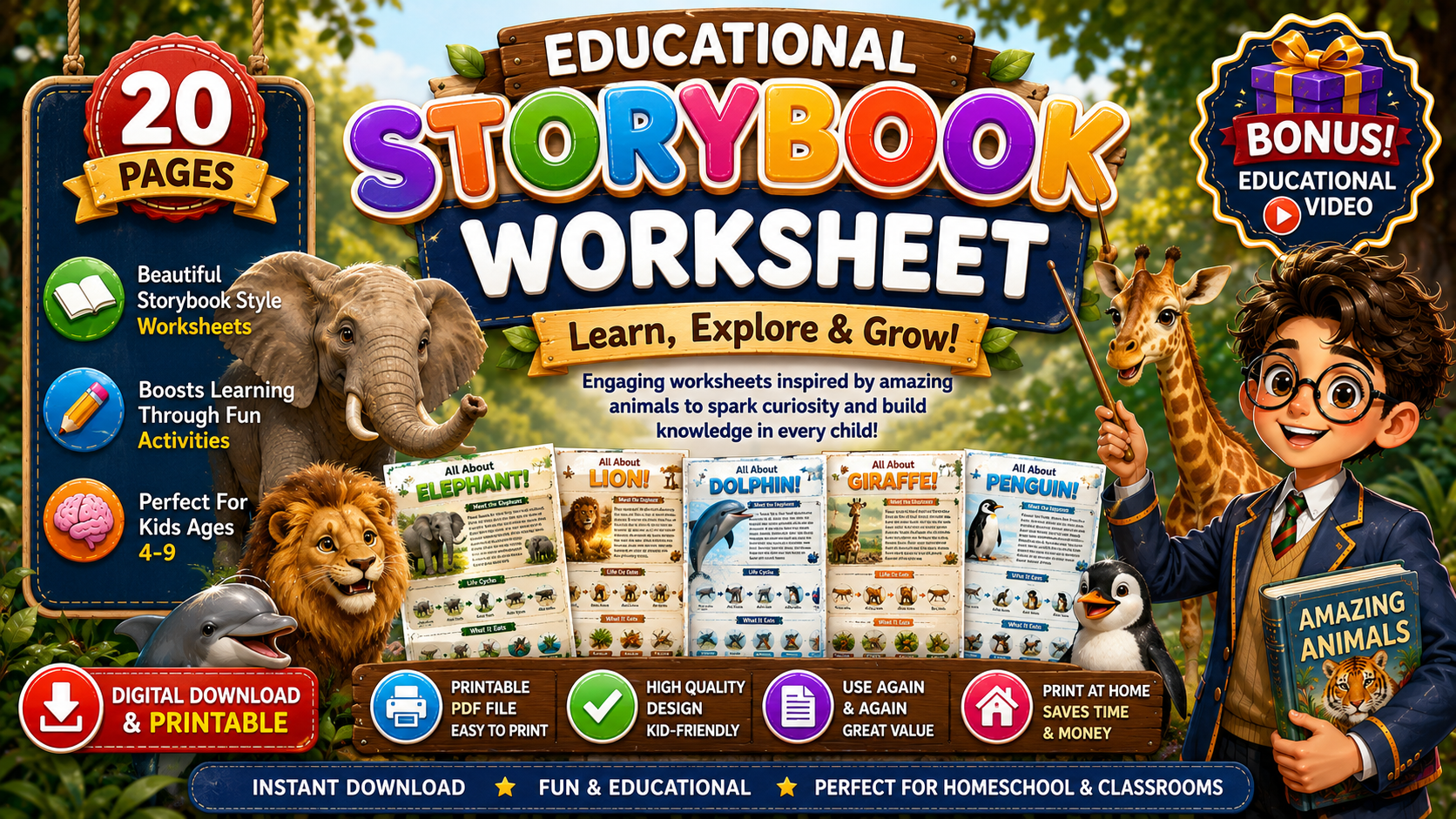 Animal Storybook Worksheets for Kids - 20 Printable Animal Learning Pages
