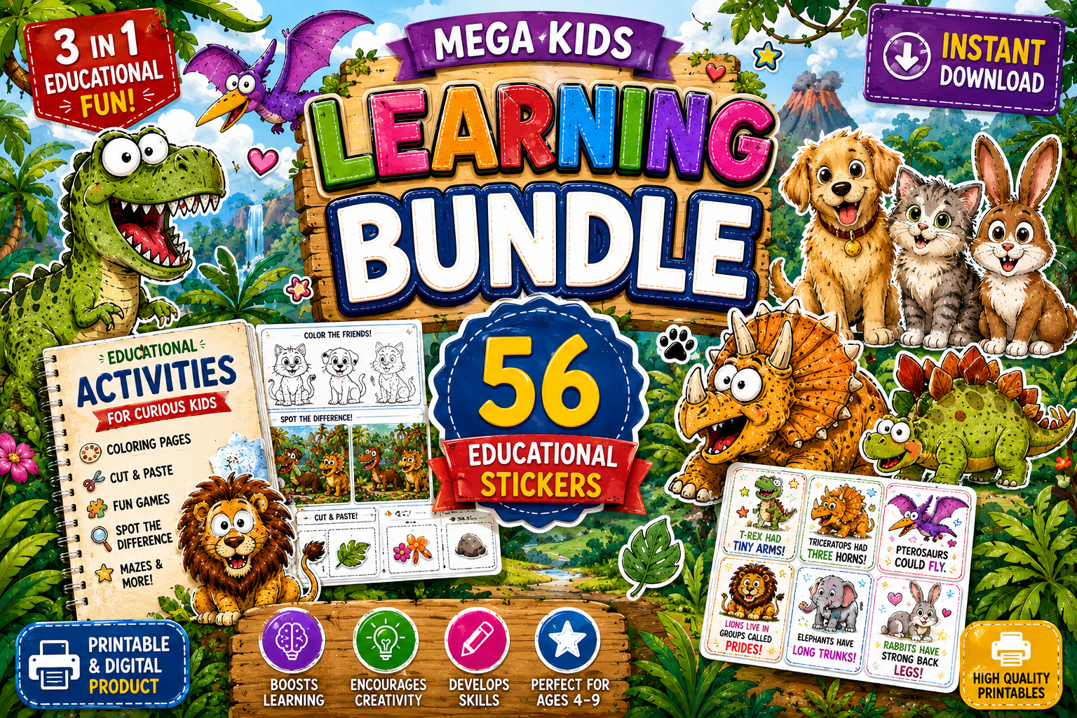 Educational Stickers Bundle for Kids with Animal and Dinosaur Stickers