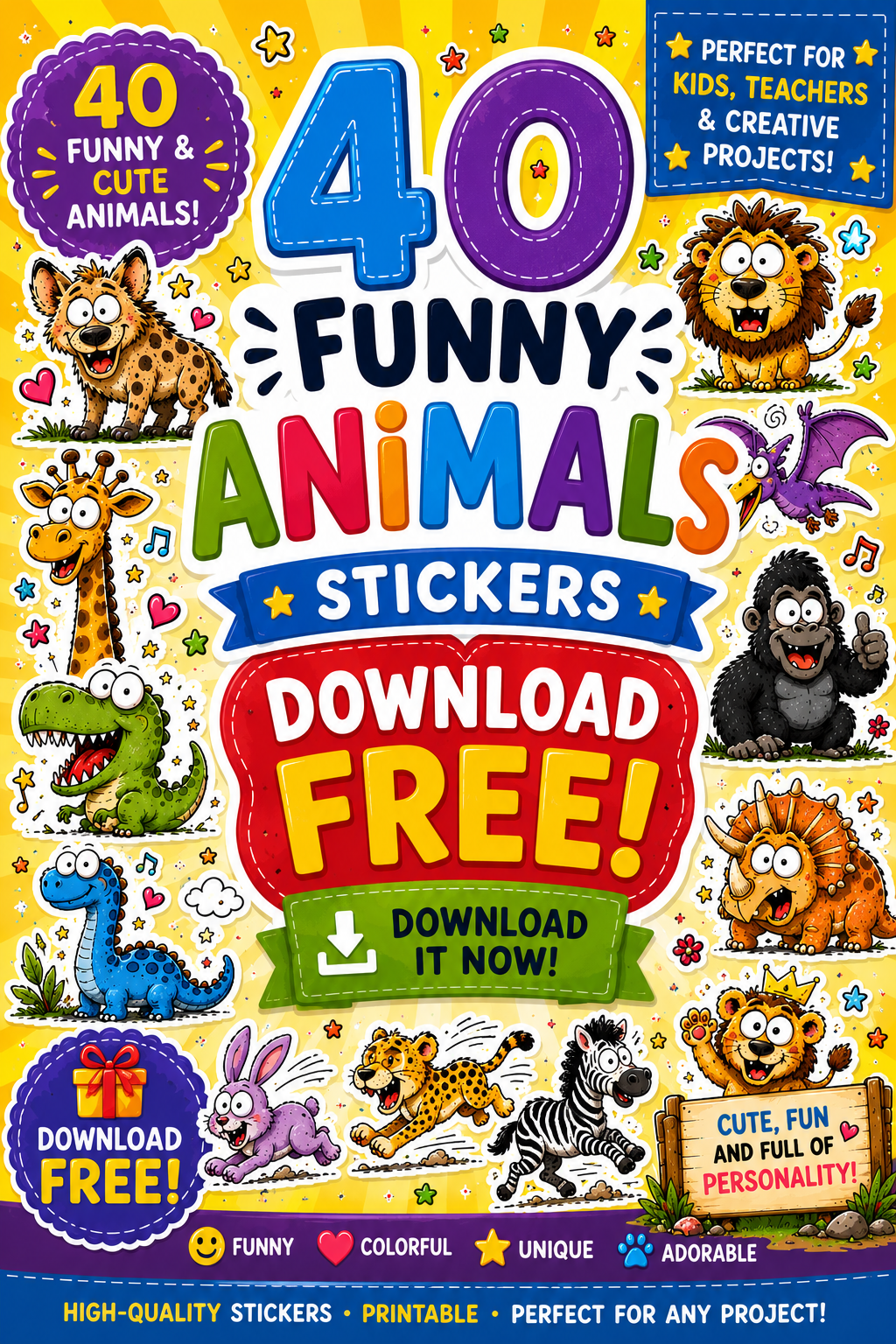 40 Funny Animals Stickers – Free Printable Educational Animal Sticker Pack for Kids